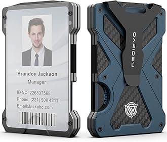 Minimalist Wallet for Men- Slim Aluminum Metal Money Clip Wallet with Clear ID Card Holder, Carbon Fiber Wallet, RFID Blocking, Holds up 15 Cards with Cash Clip, Ultra-Thin Tactical Wallet, Navy Blue