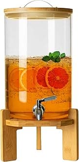 Glass Drink Dispenser With Stand, 304 Stainless Spigot, Wood Stand, 1/2 Gallons Iced or Hot Beverage Dispenser for Parties