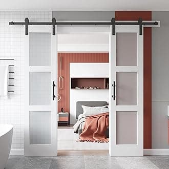 EaseLife 42 x 84 inch (Double 21x84 Door) Glass Barn Door with 7FT Sliding Hardware Kit Included & Handle,Solid Wood,Waterproof,3-Panel Frosted Glass,DIY Assemblely,Fit 38-40in Wide Opening