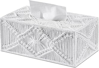 White Woven Macrame Boho Tissue Box Cover Rectangular for Home Decor,Resin Heavy Woven Tissue Box Holder for Bathroom Kitchen Countertop,Bedroom, Vanity, Night Stand, Office, Waterproof Durable