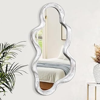 Asymmetrical Cloud Wavy Mirror - Large Irregular Wall Mirror with Modern Wood Frame - Decorative for Bedroom, Living Room, Bathroom, Entryway - White