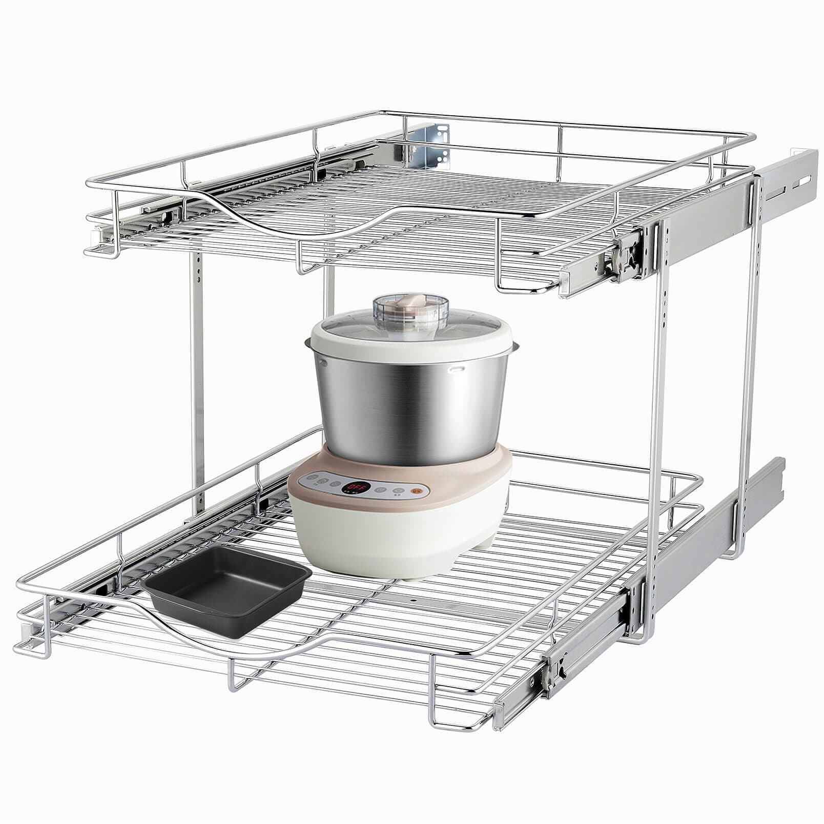 DINDON 2 Tier Pull Out Cabinet Organizer (20" W X 21" D), Double Tier Wire Basket Slide Out Shelf Storage for Kitchen Base Cabinet Organization ​for Kitchen, Pantry, Bathroom, Chrome