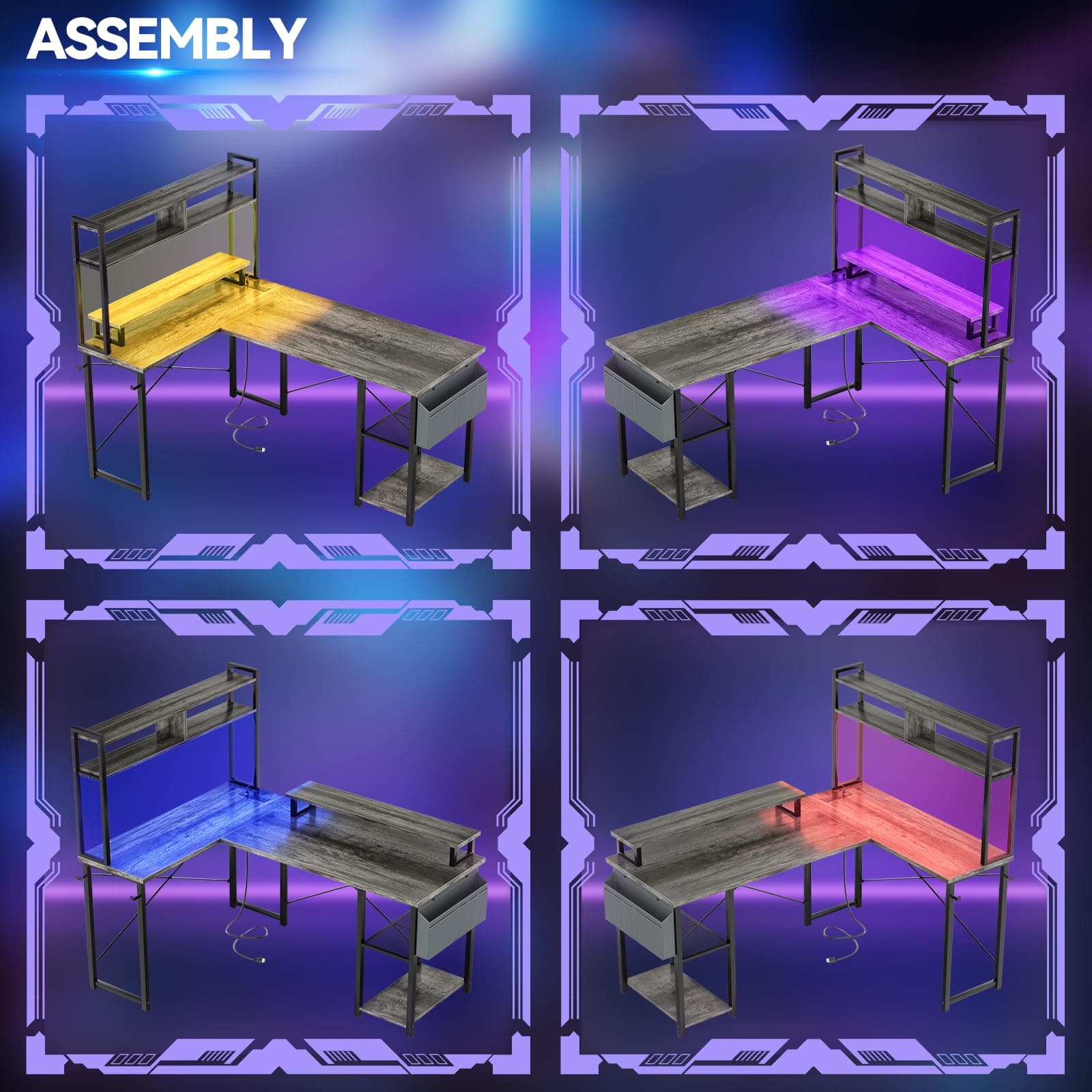 Aheaplus Small L Shaped Gaming Desk with LED Lights & Power Outlets, Reversible L-Shaped Computer Desk with Monitor Stand & Storage Shelf, Corner Desks Home Office Desk with Storage Bag, Grey Oak