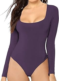 MANGDIUP Women's Essential Bodysuit - Scoop Neck Long Sleeve Slim Fit Stretch Cotton Spandex Jumpsuit