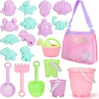 Beach Sand Toys Set for Kids 3-10 with Bucket Watering Can Shovel Rake Sand Molds Beach Shell Bag