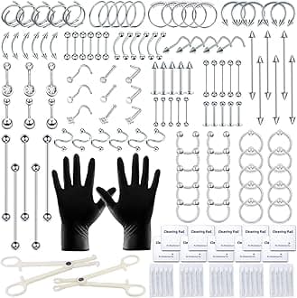 153Pcs Piercing Kit: 12G, 14G, 16G, 20G Needles & 316L Stainless Steel Jewelry for Nose, Belly, Lip, Ear & More