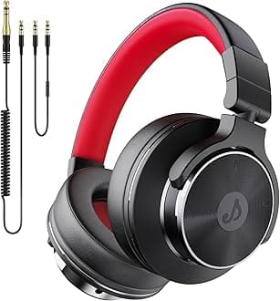 Wired Over Ear Headphones, Studio Monitor & Mixing DJ Headphones with 50mm Neodymium Drivers and 1/4 to 3.5mm Jack for Guitar AMP Podcast Piano Keyboard (Black-Red)
