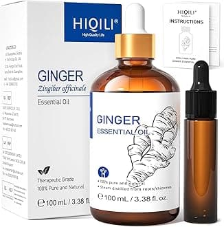 HIQILI Ginger Essential Oil 100ml, Pure Natural Ginger Oil for Massage, Diffuser, Skin, Hair, Large Bottle with Dropper & Gift Box