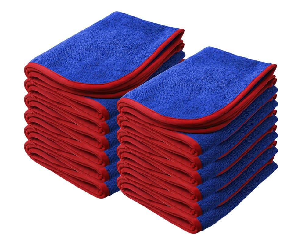 Nanoskin Power Shine Microfiber Towels, 12 Pack – 16" x 24", Blue with Red Silk Edge, 380 GSM, Ultra-Soft & Absorbent Cleaning Cloths for Cars, Detailing, Glass, and Home Use