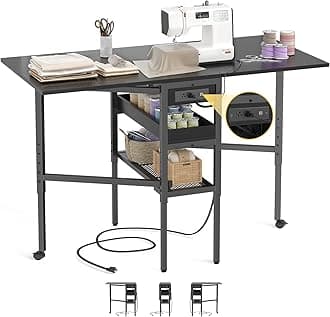 Besiost Folding Sewing Cutting Table with Charging Station, Height Adjustable Craft Table with Storage, 50" Foldable Fabric Cutting Tables for Sewing Room Craft Room, Black