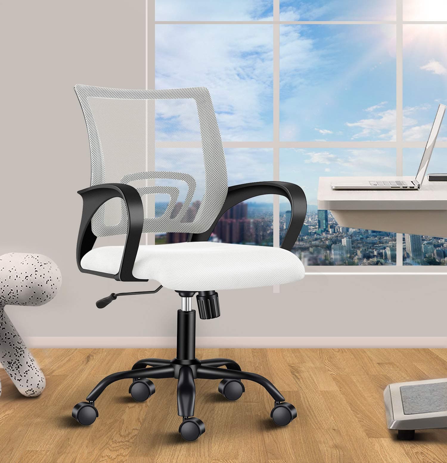 LUXMOD Mid-Back Mesh Office Chair with Armrest, White Adjustable Swivel Chair, Ergonomic Mesh Desk Chair for Extra Back & Lumbar Support, Modern Office Task Chair White