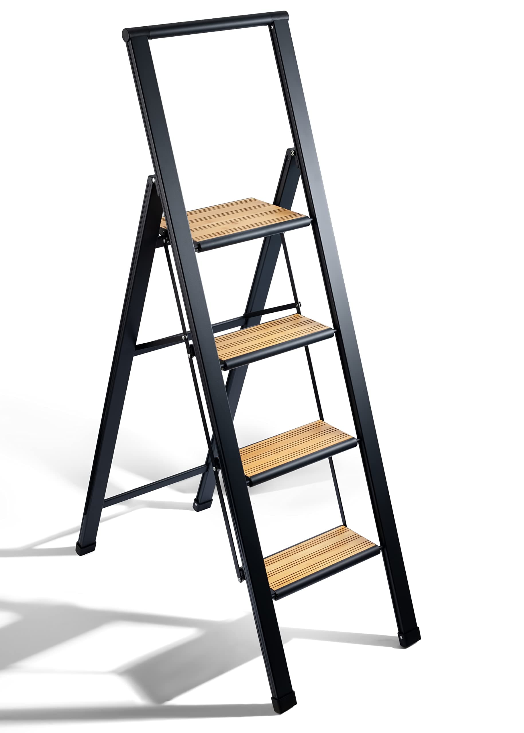 Step Ladder 4 Step Folding, Decorative - Beautiful Bamboo & Black Aluminum, Ultra Slim Profile, Anti Slip Steps, Sturdy-Portable for Home, Office, Kitchen, Photography Use,by SORFEY