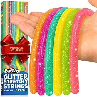 BUNMO Sensory Toys Stretchy Strings for Toddlers 3+ - Stimulating & Addictive Fidget Toys for Kids - Hours of Fun for Kids - Non-Mouthable Toy 3+ - Glitter 6 Pack