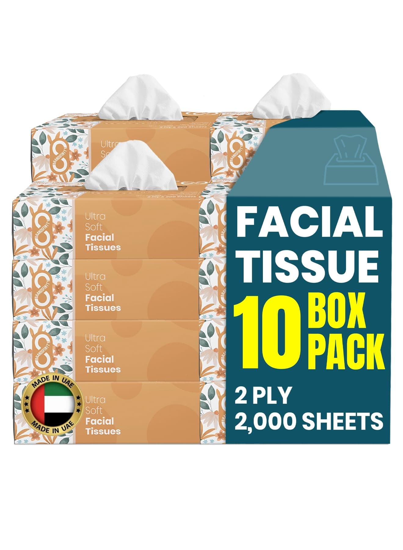 Daily Care Facial Tissue - Pack of 10 Boxes, Total 2000 Sheets, 2 Ply Large, Soft & Fluffy Facial Tissues (200 Sheets each box)