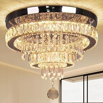 Finktonglan 15.7" Crystal Semi Flush Mount Ceiling Light, 2-Ring LED Crystal Chandelier, Warm White 3000K, Non-Dimmable, Built-in LED for Bedroom Hallway Entryway Dining Room