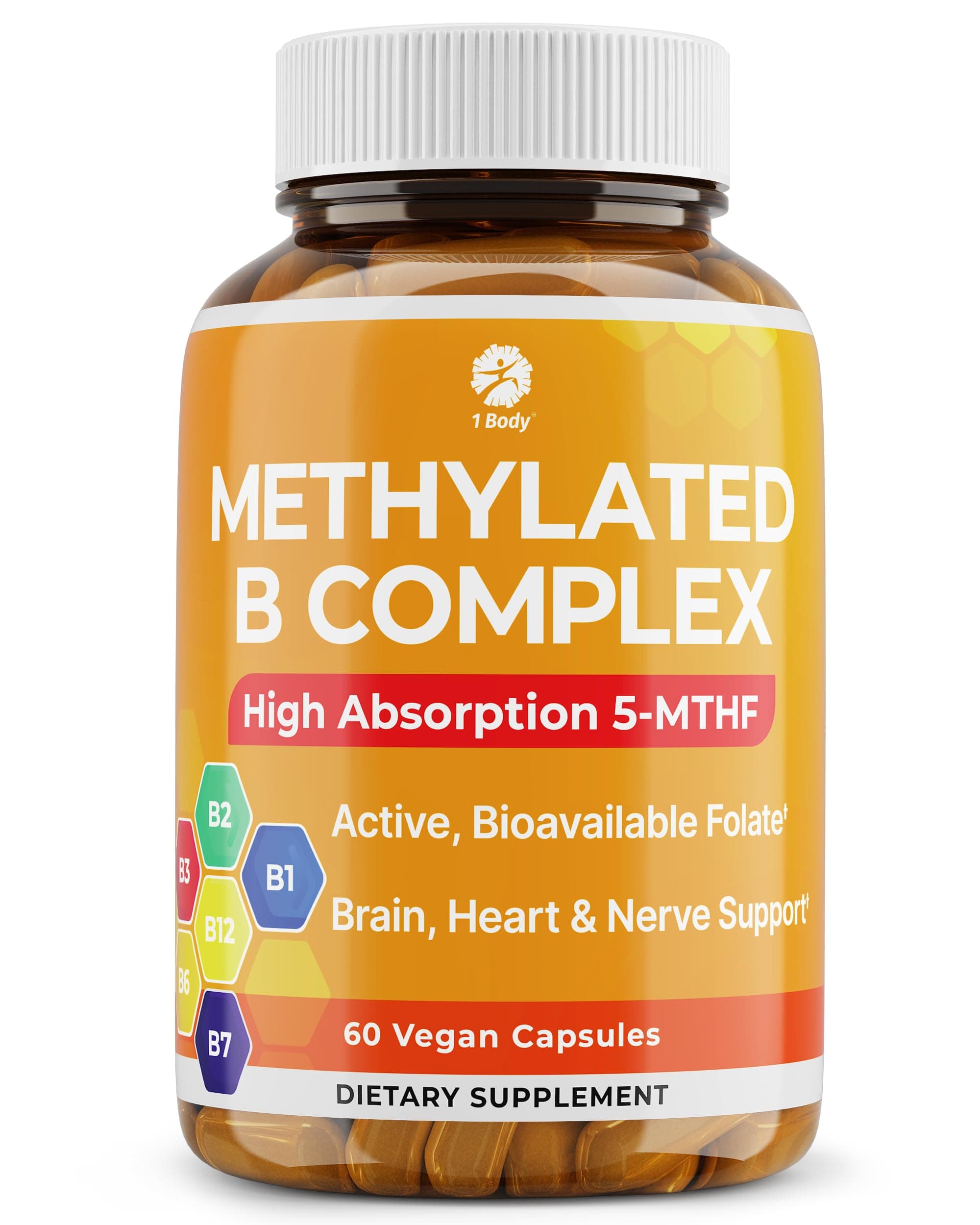 1 Body Vitamin B Complex – 5-MTHF Folate with B1, B2, B5, B6, Methyl B12, Niacin, Biotin – Wide Range of Benefits for Stress, Heart Health, Healthy Brain Function, Nervous System Support