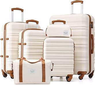 6 Piece Luggage Set Carry on Suitcase with ABS+PC hardshell, Spinner Wheels & YKK Zipper TSA Lock (BEIGE-BROWN, 6 piece set)