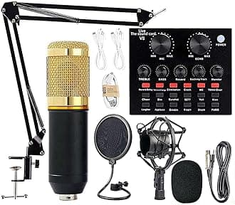 Professional Mic Condenser Microphone V8 Sound Card Set, Podcast Equipment Bundle, Audio Interface with All in One Live Sound Card and Condenser Microphone, Perfect for Recording, Broadcasting