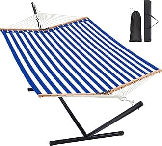 Two Person Hammock with Stand for Outside Heavy Duty, Outdoor Patio Hammock with Portable Steel Stand, Large Double Hammocks with Quick Dry Textilene Fabric,480lbs Capacity.(Blue White)