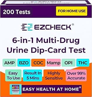 [200 Pack] EZCHECK® 6-Panel Drug Test - at-Home Rapid Urine Screening Kit for 6 Most Used Drugs: (THC-Marijuana, BZO-Benzos, MET-Meth, OPI/MOP-Opiates, AMP-Amphetamine, COC)