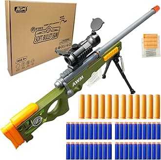 AGM MASTECH AWM Shell-Throwing Blaster Shot Gun, 40 Official Darts, 4-Dart Clip, 2 Magazines, Removable Stock, Barrel Extension, Blaster Toys Playset for Boys, Kids, and Adults (Green)