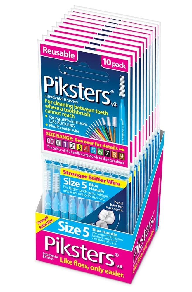 Piksters Interdental Brush-10 Brushes Per Pack x 10 Pack (100pcs) (Size 5 Blue 0.70mm)