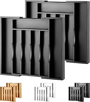 2-Piece Expandable Bamboo Kitchen Drawer Organizer for Cutlery and Utensils, Adjustable Bamboo Wood Cutlery Tray in Drawer for Flatware and Silverware in Kitchen, (Black)