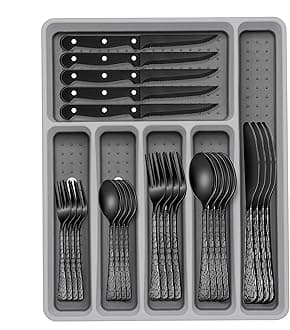 49-Piece Black Silverware Set with Organizer, Food-Grade Stainless Steel Black Flatware for 8, Cutlery Utensil Sets with Steak Knives, Rust-proof, Mirror Polished, Dishwasher Safe, Tree Pattern