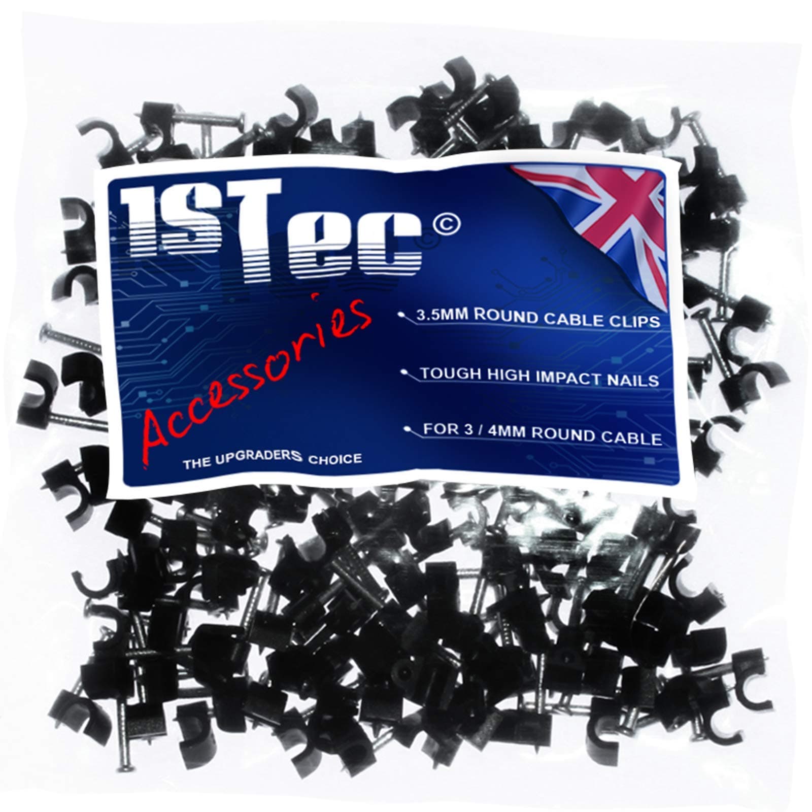 100 x 3.5mm Small Round Black Cable Clips for Indoor/Outdoor use on Plaster Wood or Masonry Hardened Nails to Tack Telephone Cable Low Voltage Lights USB Leads Speaker & Door Bell Wire