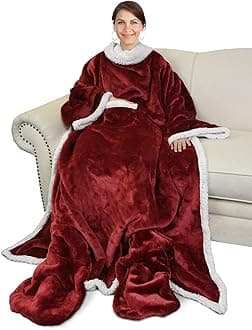 Catalonia Sherpa Wearable Blanket with Sleeves & Foot Pockets for Adult Women Men, Comfy Snuggle Wrap Sleeved Throw Blanket Robe, Gift Idea, Wine