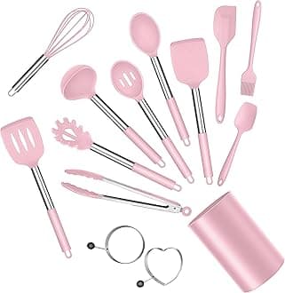 E-far Silicone Cooking Utensils Set, 14-Piece Pink Kitchen Utensils Set with Holder, Kitchen Tools Spatulas with Stainless Steel Handle for Non-stick Cookware, Heat Resistant & Dishwasher safe