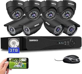 SANSCO 8 Channel 5MP CCTV DVR Camera System + 3TB Hard Drive,(8) 3K Bullet Dome Cameras (Wall/Ceiling Mounted IP66 Vandalproof, Mobile Viewing with Motion Activated Push Alert/Email, 24/7 Recording)