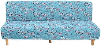 Mateju Armless Sofa Bed Cover, Butterfly Pattern Folding Sofa Bed without Armrests, Non Slip Stretch Futon Slipcover Protector for 2-3 Seater, Washable Couch Bed Slipcovers (blue,190-230cm)