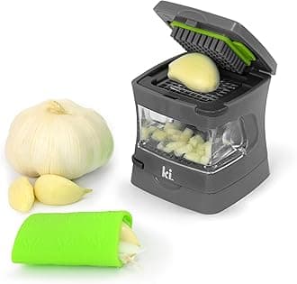 Garlic-A-Peel Garlic Press, Crusher, Cutter, Mincer, and Storage Container - Includes Silicone Peeler - Easy to Clean - Stainless Steel Blades (Grey)