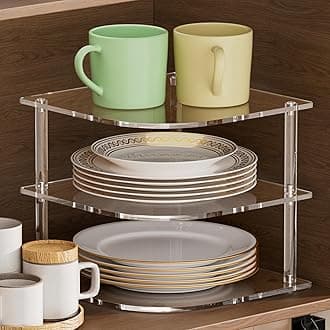 Plate Organizer for Cabinet Space Saver - Clear Acrylic Corner Shelf for Dishes, Bowls - 3-Tier Kitchen Cabinet Plate Organization, Dinner Plates Holder, and Small Shelf for Bathroom Storage