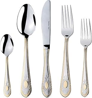Venezia Collection "Medallion" 20-pc Flatware Set Service for 4, Premium 18/10 Stainless Steel, 24K Gold Trim