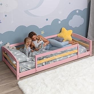 Twin Size Floor Bed with Safety Guardrails for Kids, Montessori Floor Bed with 2 Openings, Twin Bed Frame for Girls and Boys (Pink)