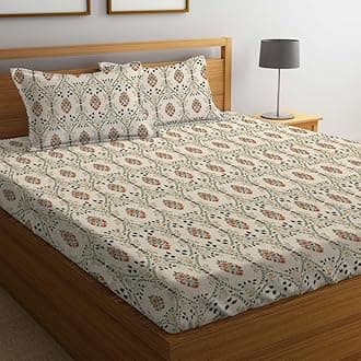 LOOMLYFE Cotton Feel Glace Cotton Elastic Fitted Printed King Size Double Bed Bedsheet with 2 Pillow Covers Fits Upto 8 inches Mattress,Size- 72x78x10 Inches, BeigeJaipuri