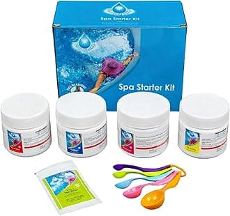Pool Chemical Starter Kit for Hot Tubs, Above Ground and Paddling Pools, Water Treatment Set - Chlorine Granules, pH Minus, pH Plus, Foam Remover, Test Strips and Measuring Spoons