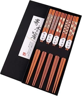 Reusable Chopsticks Japanese Natural Wooden 5 Pairs Classic Style Lightweight Safe Chop Sticks 8.8 Inch/22.5cm Gift Set