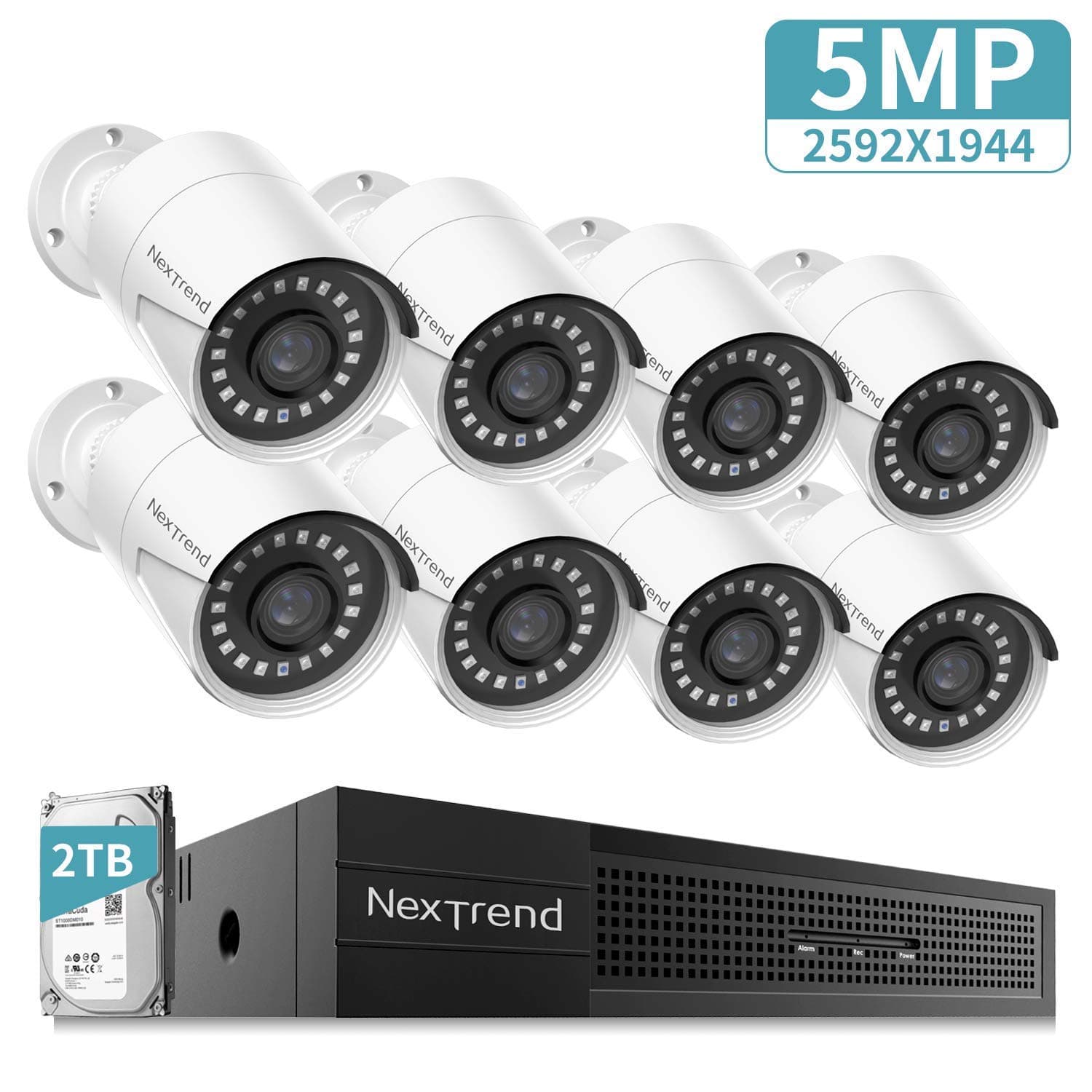 5MP POE Security Camera System, NexTrend 8X 5Megapixels Indoor Outdoor Security Camera, Home Video Surveillance System with Pre-Installed 2TB Hard Drive for 7/24 Recording, Lifetime Free APP