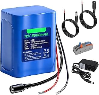 12V Lithium Battery 5600mAh with Charger, Bare Leads, 12 Volt Rechargeable Battery Compatible with 12V Devices, DIY Project, Speakers, RC Car, Robot Toys, LED Light Strip, CCTV Camera etc