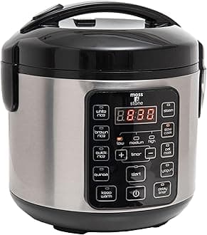 Moss & Stone - Small Digital Electric Rice Cooker, 4-8 Cups, 10 Preset Settings, Brown and White Rice Steamer, Slow Cooker with Steamer for Vegetables, Pot