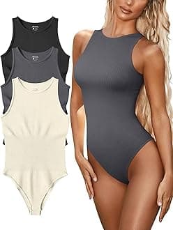 Womenâ€™s Sexy Ribbed Bodysuit Tops - 3 Piece Sleeveless Halter Neck Bodysuits with Tummy Control (Color : Black Darkgrey Beige, Size : L)