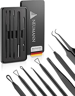 Blackhead Remover Set (Stainless Steel) for Removing Pimples, Blackheads etc. - Comedone Squeezer, Lifter, Remover - Various Tools: Loops, Tweezers, Lancet [Black]