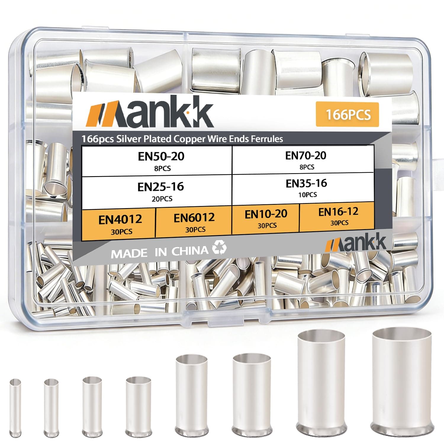 mankk/Wire Ends Ferrules Kit, 8 Sizes AWG (1/0 2/0 2 4 6 8 10 12) Silver Plated Copper Assortment Electrical Wire Crimp Connectors Terminals for Wiring Automotive Home Repair