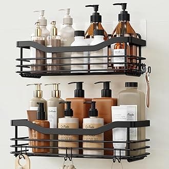 Shower Caddy Basket Shelf Storage Rack, No Drilling Wall Mounted Adhesive Rust Proof Stainless Steel Shower Organizer with 5 Hooks for Bathroom, Black 2 Pack
