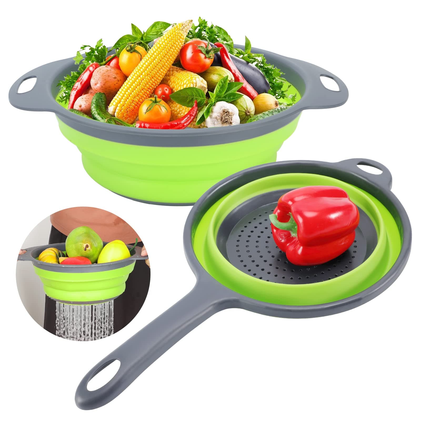 Silicone Collapsible Colander Set, Nanateer Large Kitchen Colander Strainer, 4 Quart Vegetable Fruit Flexible Pasta Strainer, Folding Strainer for Kitchen (2 PCS)
