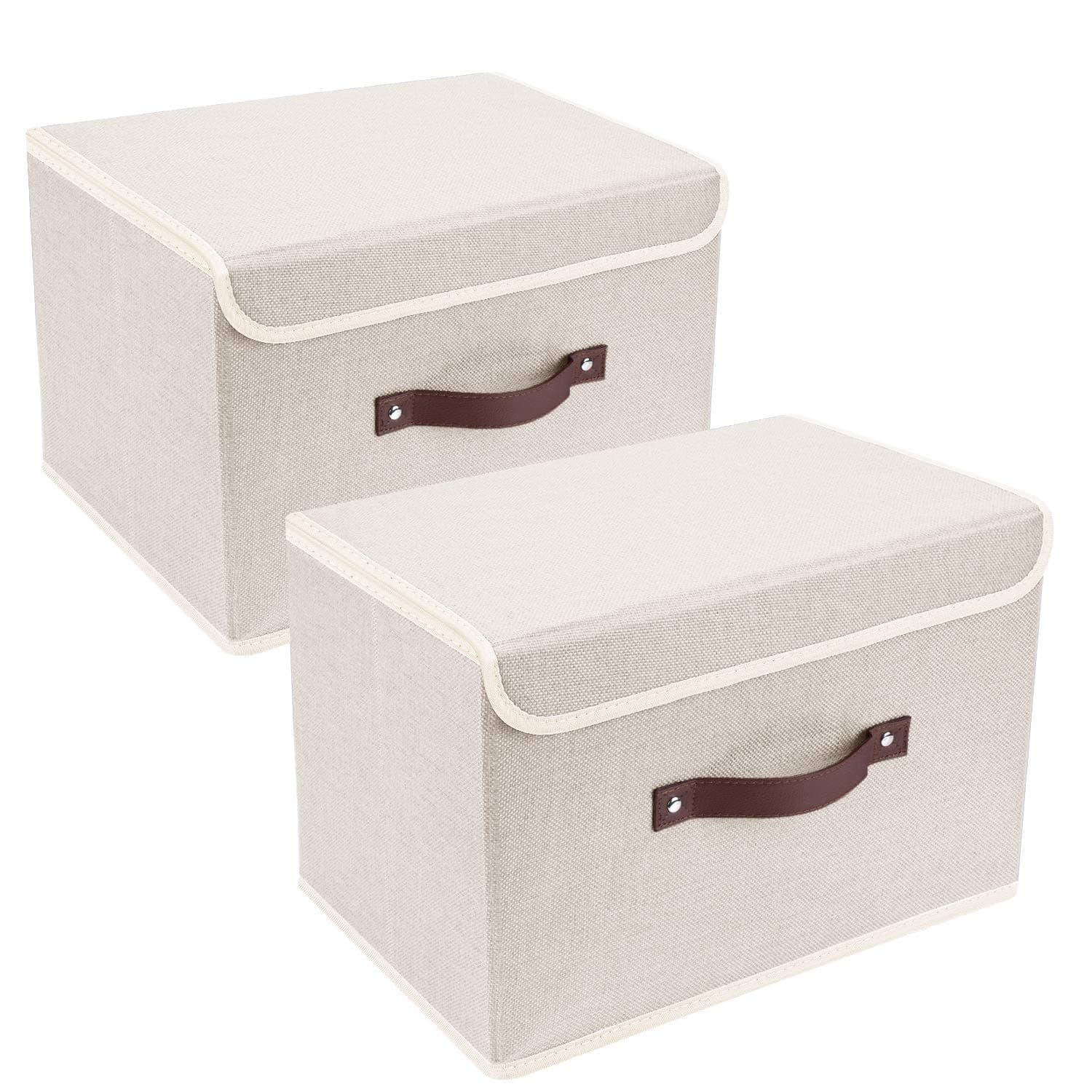 TYEERS Collapsible Storage Boxes, Washable Fabric Storage Bins with Lids, 14.9x9.8x9.8 inches, 2 Pack, Beige