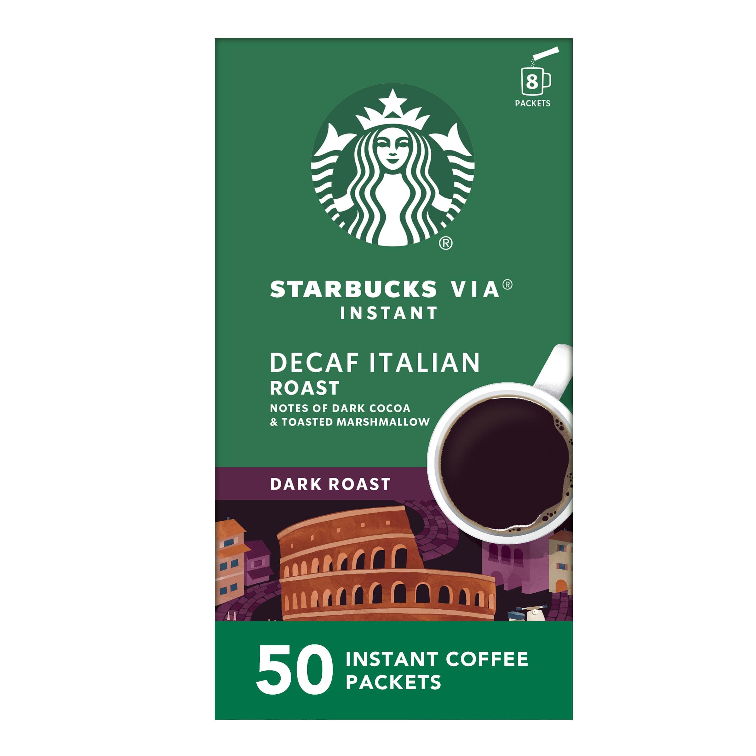 Starbucks VIA Instant Coffee Packets, Single Serve, Dark Roast Coffee, Decaf Italian Roast, 50 Packets